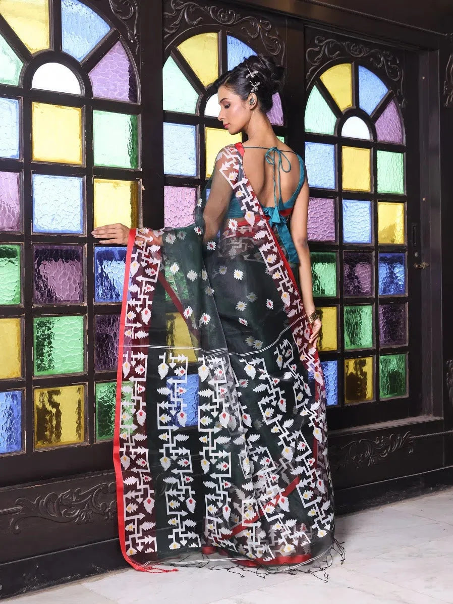 Emerald Green Linen Saree | Indian Sari with Jamdani