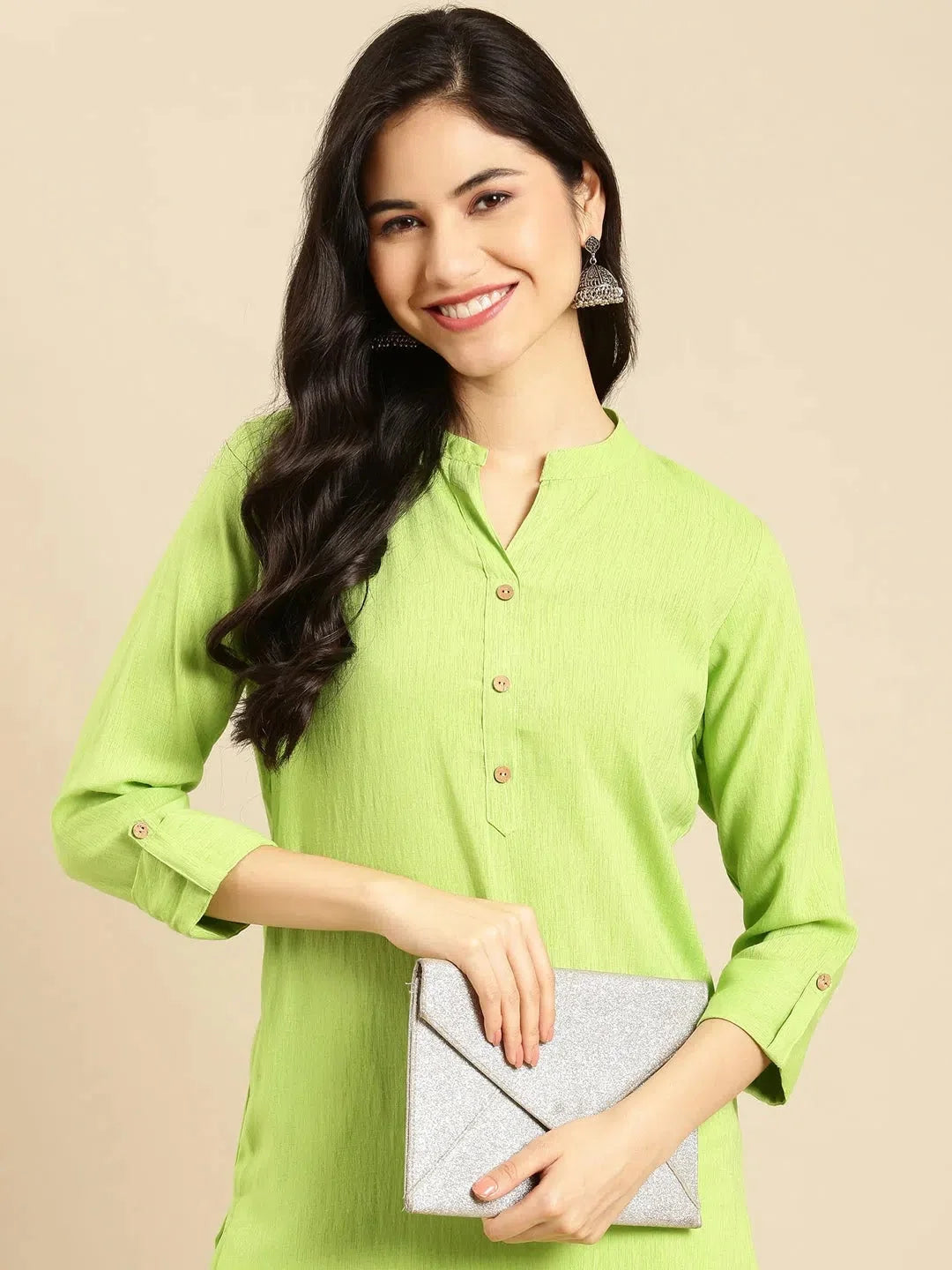 Elegant Green Solid Polyester Kurtas | Indian Kurta for Women