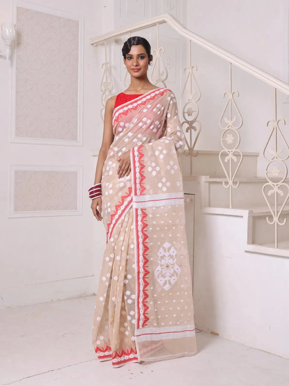 Beige Cotton Jamdani Saree | Indian Sarees