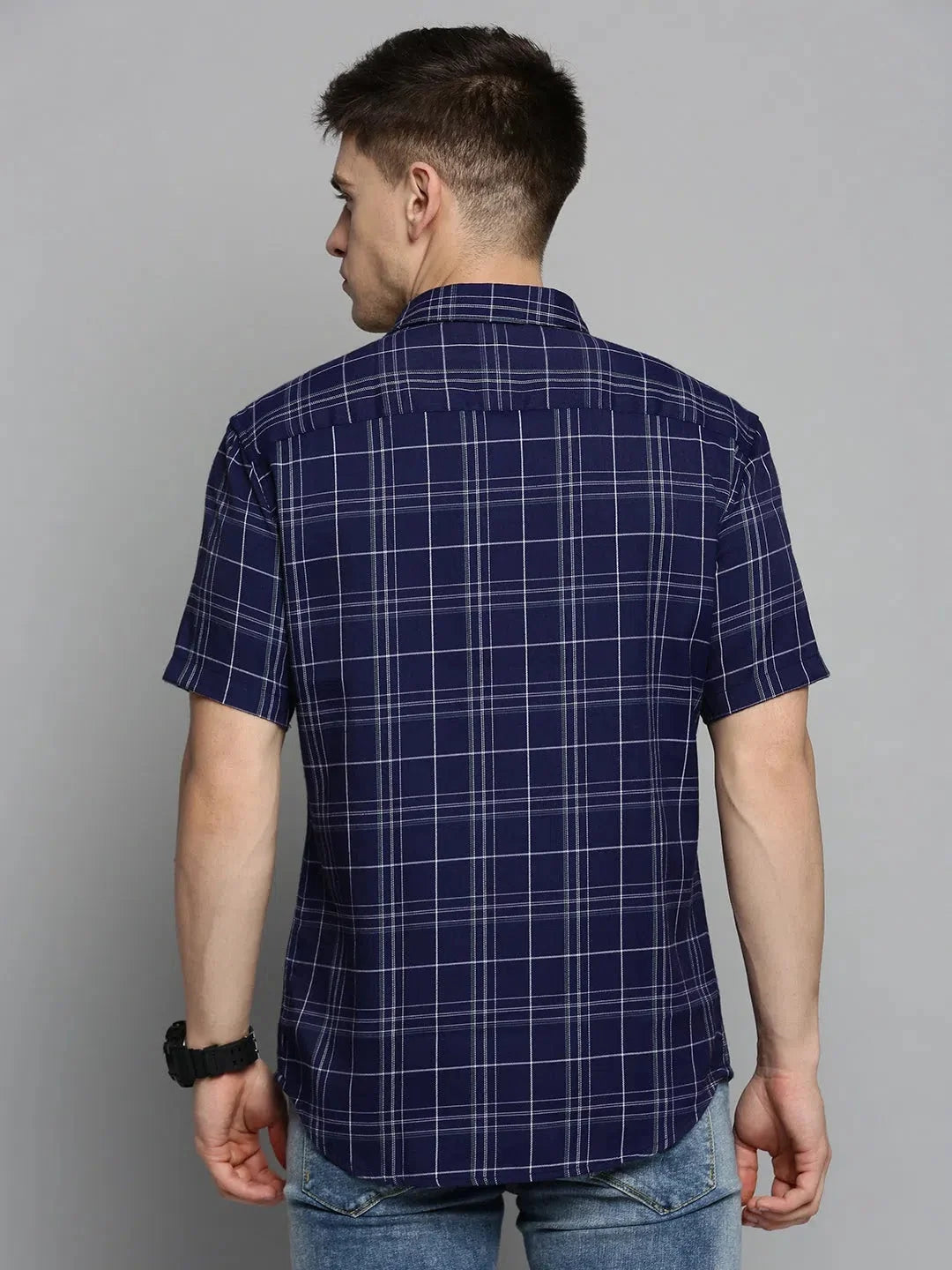 Men's Navy Checked Cotton Shirt | Casual & Stylish