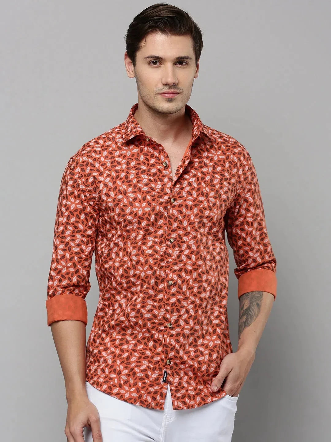 Orange Printed Mens Shirt - Cotton Casual Shirt by DesiQlo