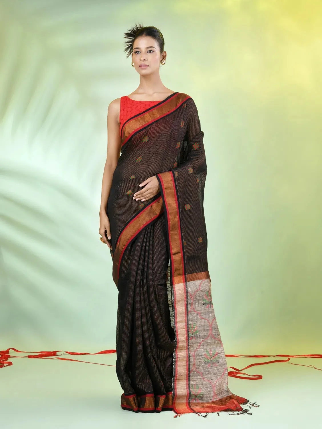Black Cotton Saree with Jute Pallu | Indian Sari