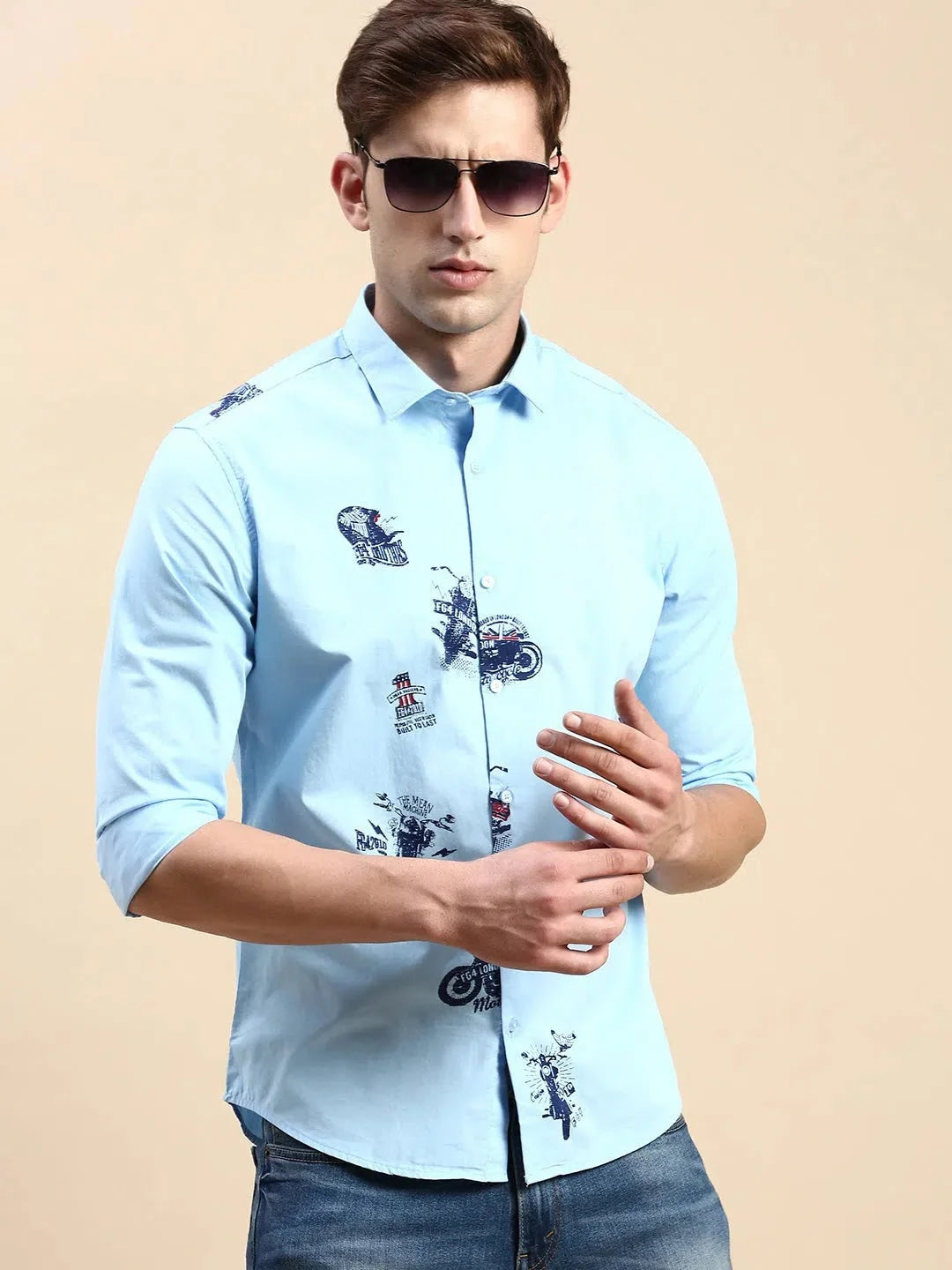 Men's Blue Printed Cotton Shirt - Casual Mens Shirt by DesiQlo