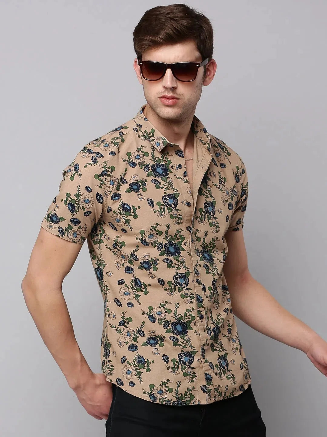Men's Tan Printed Shirt | Cotton Casual Mens Shirt