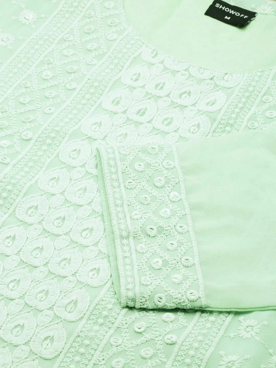 Sea Green Embellished Polyester Indian Kurta for Women