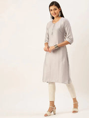 Women's Grey Solid Straight Kurta-DF-1201-Grey
