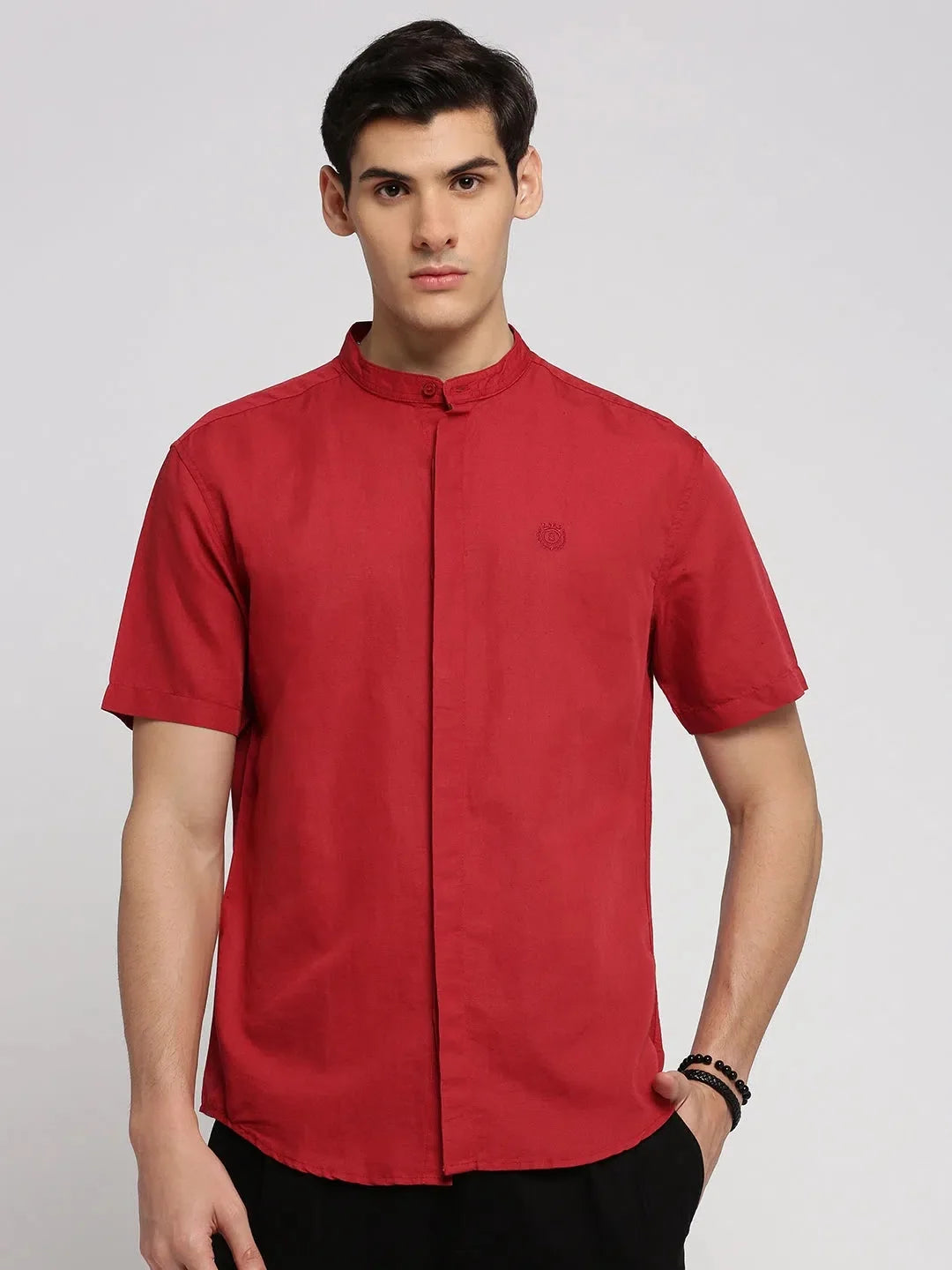 Red Mandarin Collar Mens Shirt | DesiQlo Cotton Shirt