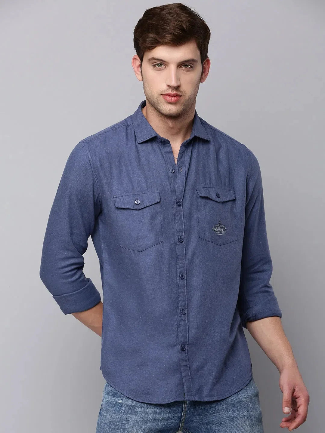 Navy Solid Cotton Mens Shirt | Smart Casual Look