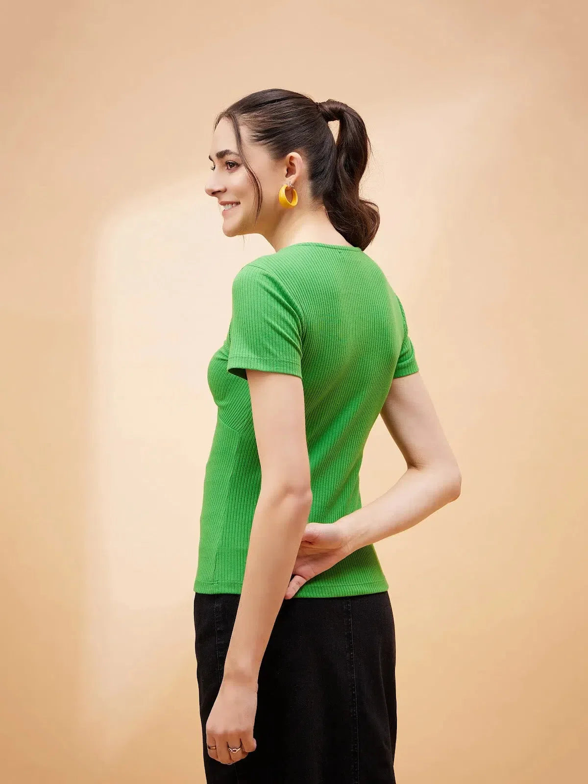 Green Rib Twisted Neck Top | Women's Western Wear Green Top