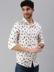 Men Cream Printed Casual Shirt-STANDARDPRINT-1298-Cream