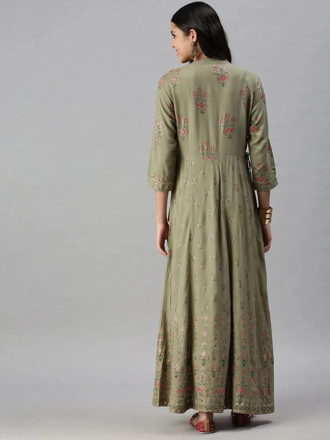 Olive Printed Anarkali Kurta | Cotton Anarkali Kurti for Women