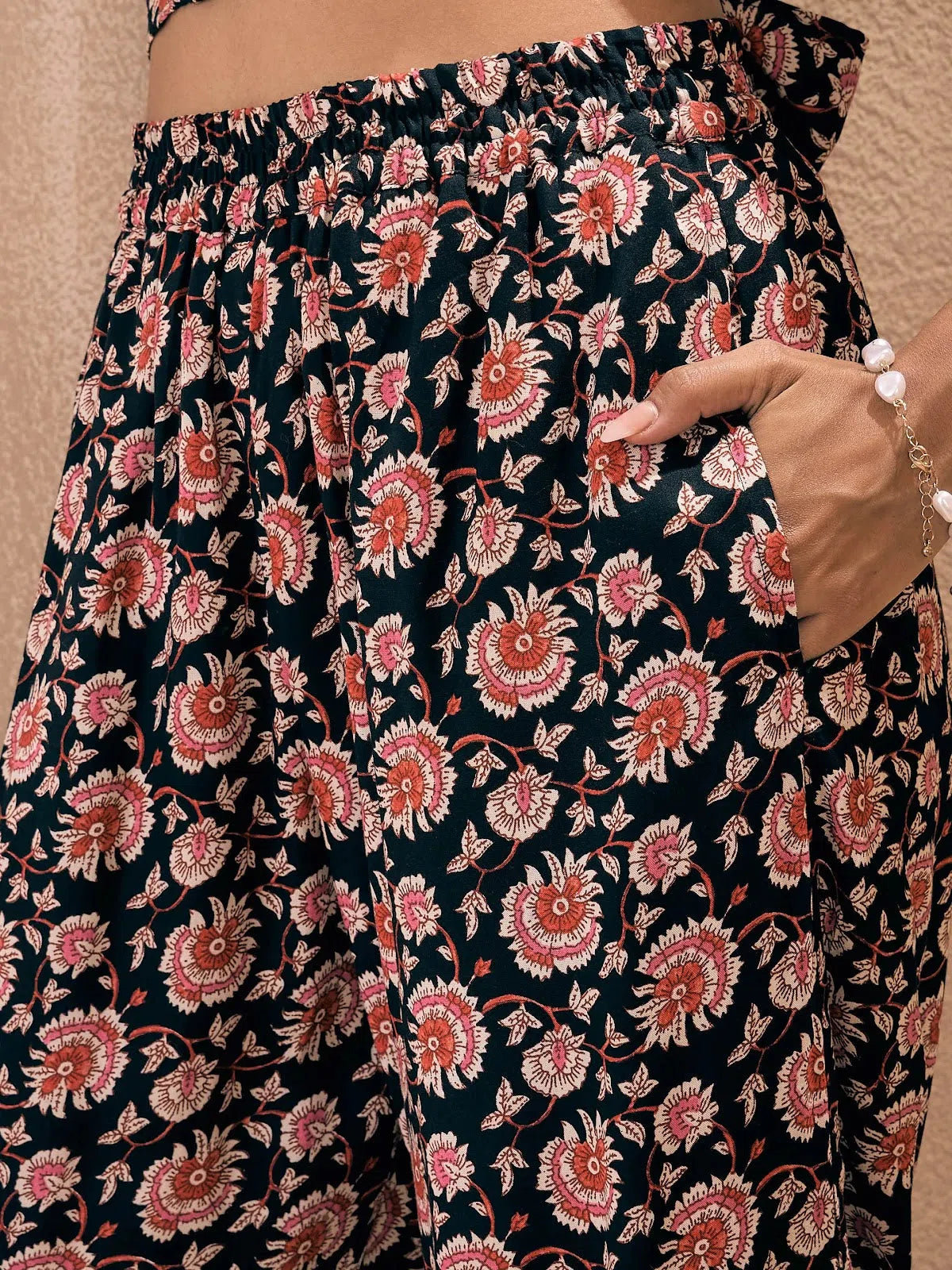 Black Floral Co Ord Sets for Women - Wrap Top & Ruched Pants