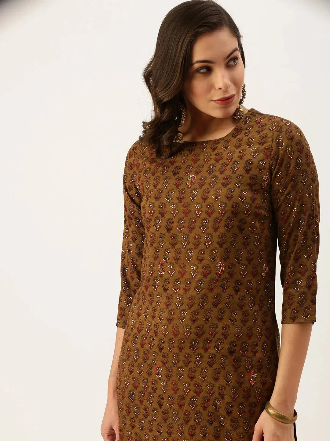 Brown Printed Cotton Kurta: Indian Kurta Ladies Collection