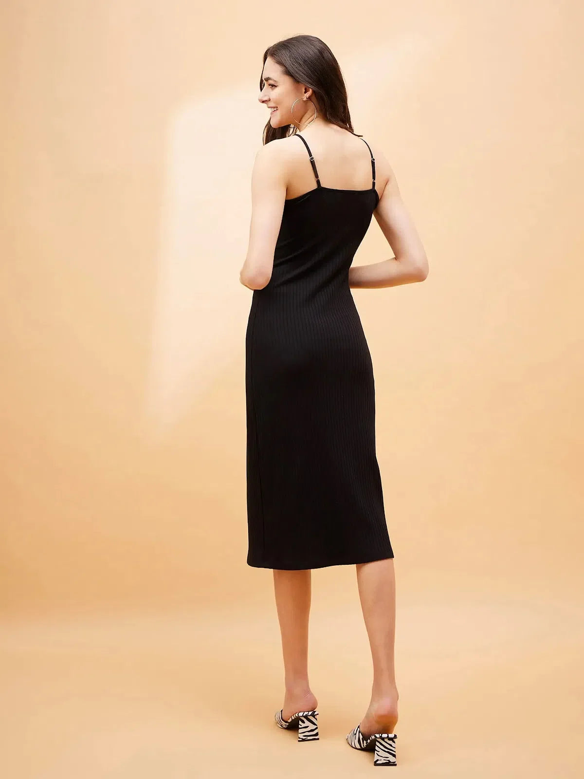 Black Rib Strappy Dress | Women's Midi Cotton Dress