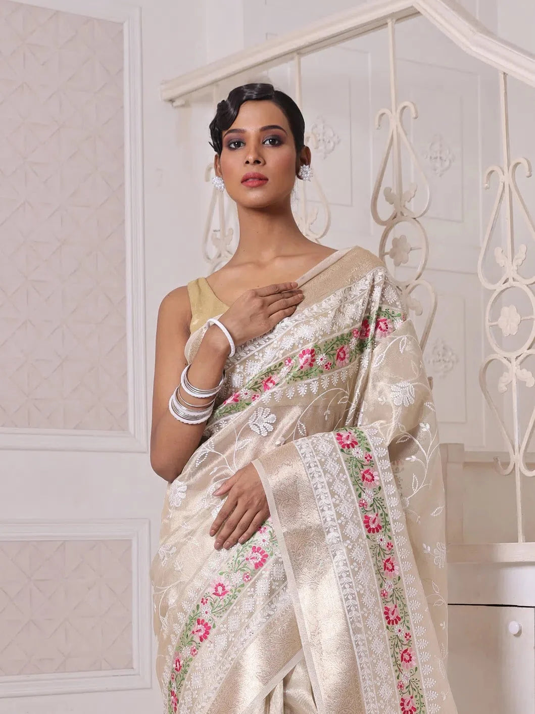 Embroidered Beige Tissue Cotton Saree | Indian Sarees