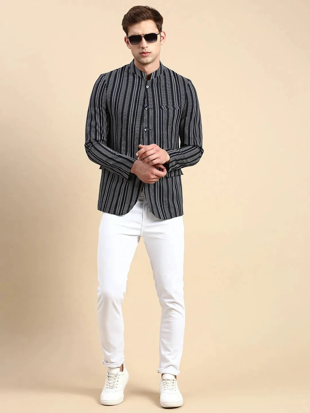 Navy Striped Party Blazer | Men's Ethnic Wear | DesiQlo
