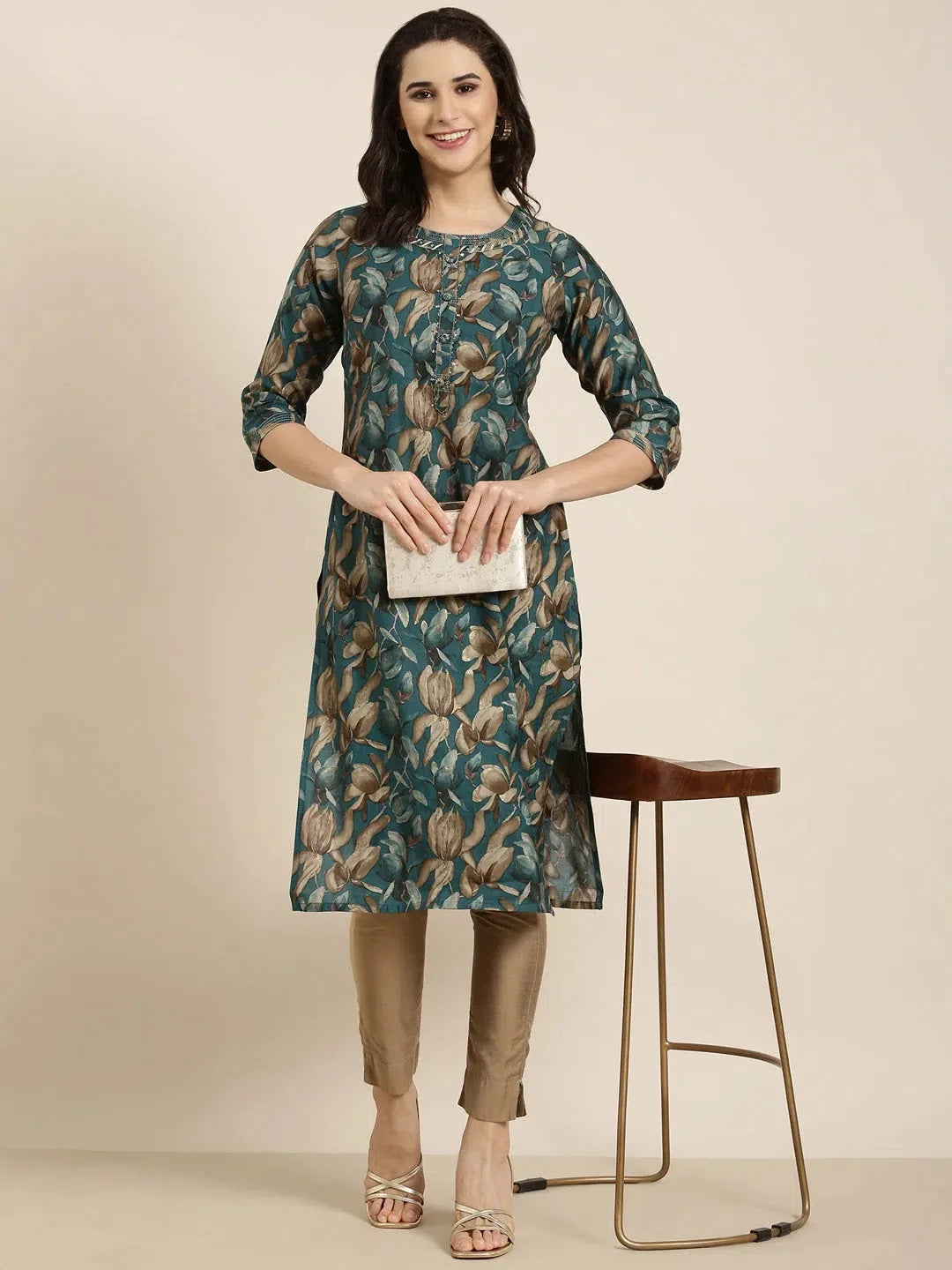 Teal Floral Print Indian Kurta - Women's Cotton Kurta