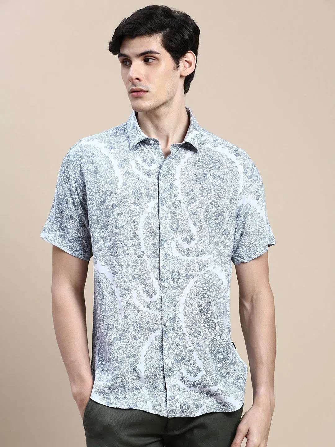 Mens Grey Floral Shirt - DesiQlo Cotton Printed Shirt