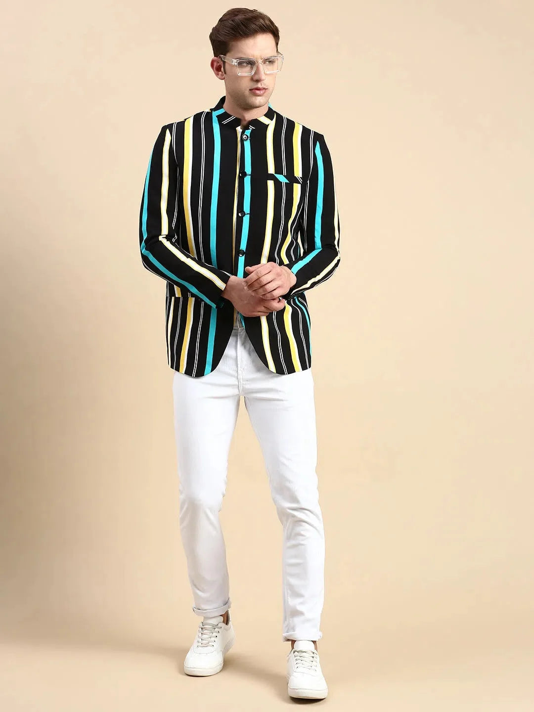 Men's Black Striped Party Blazer | Ethnic Nehru Jacket