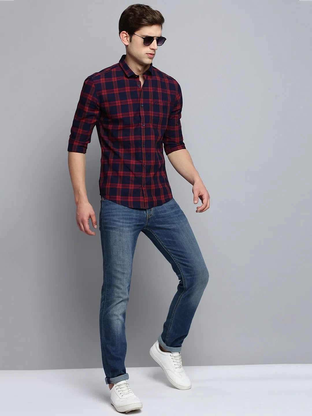 Shop Navy Checked Mens Shirt - DesiQlo Cotton Casual Shirt