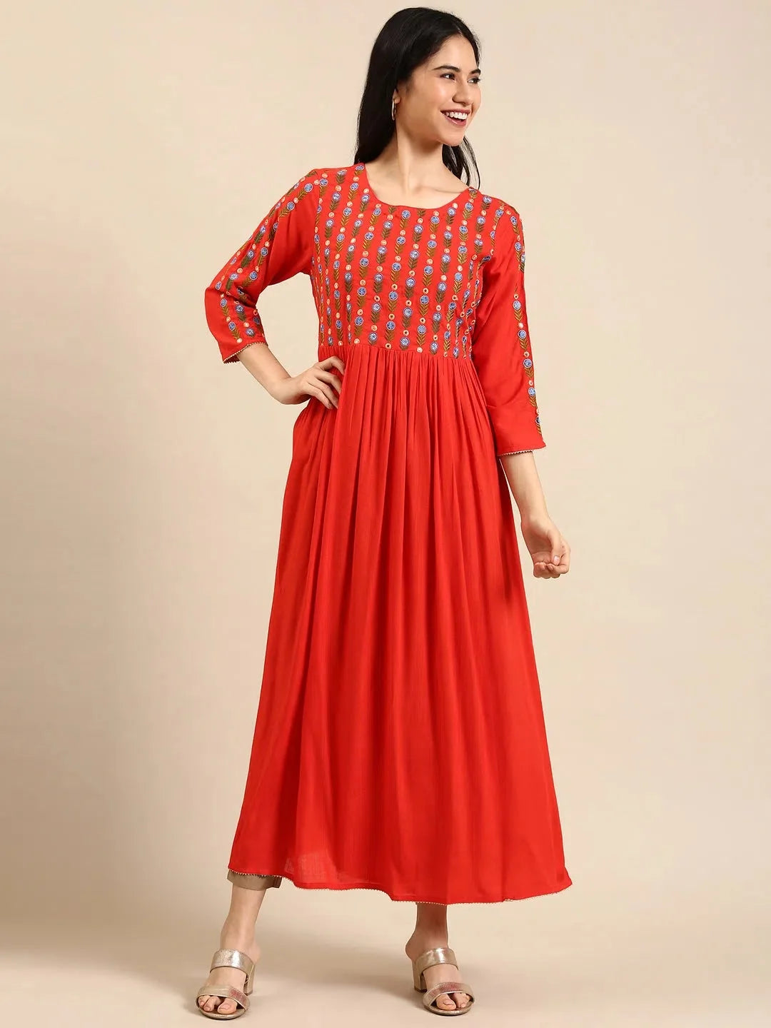 Orange Embellished Cotton Anarkali Kurta | Women's Anarkali Kurti