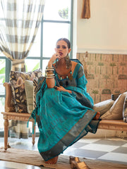 Women's Organza Blue Woven Design Handloom Saree With Blouse Piece-KALKI309005