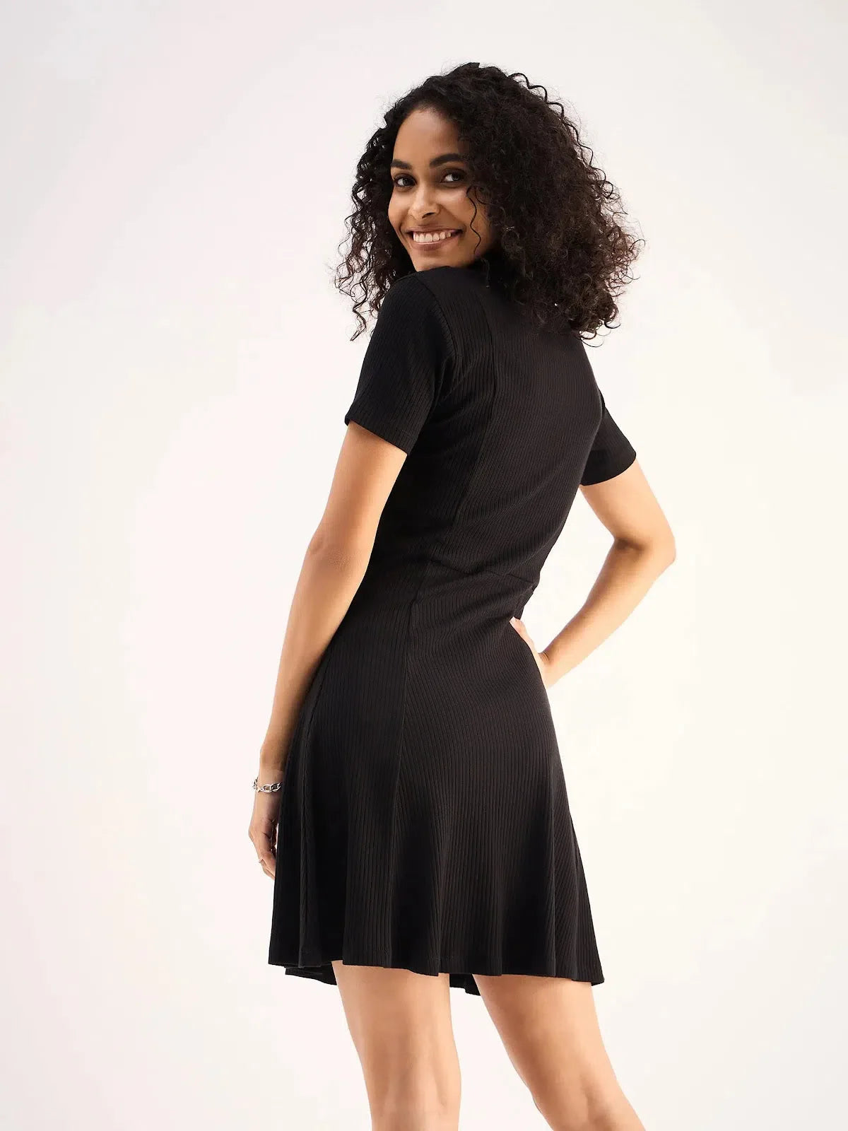 Black Rib Polo Neck Skater Dress for Women | Trendy Ethnic Look