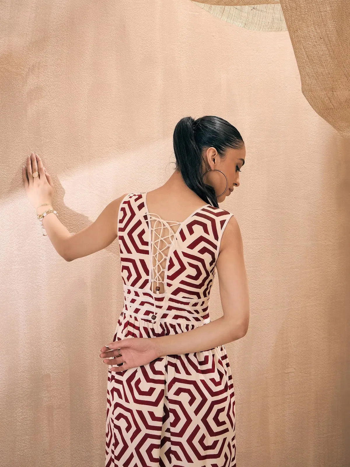 Maroon Geometric Maxi Dress | Women's Back-Tie Lehenga Style