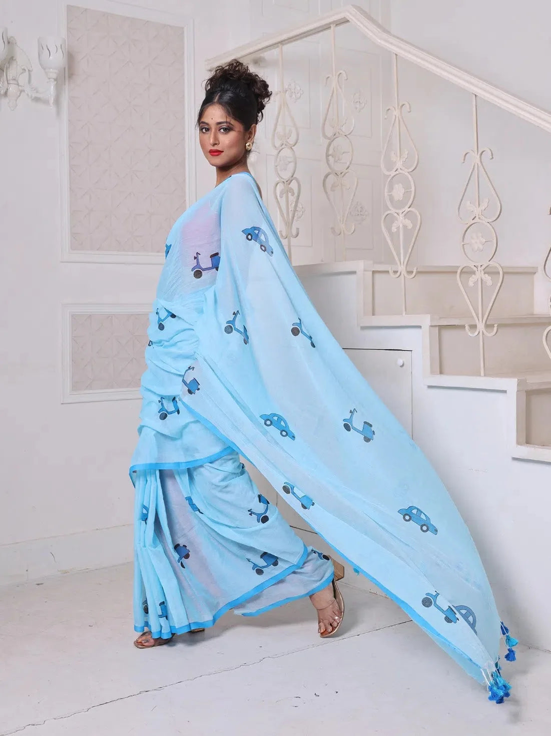 Sky Blue Cotton Saree - Designer Sarees India