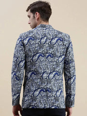 Men Blue Printed Notched Lapel Blazer-SOBLZ-70-01-Blue