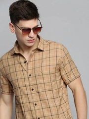 Men Beige Checked Casual Shirt-MAYACHECKS-4421-Khaki