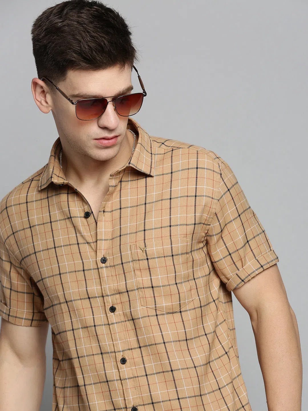 Men Beige Checked Casual Shirt-MAYACHECKS-4421-Khaki