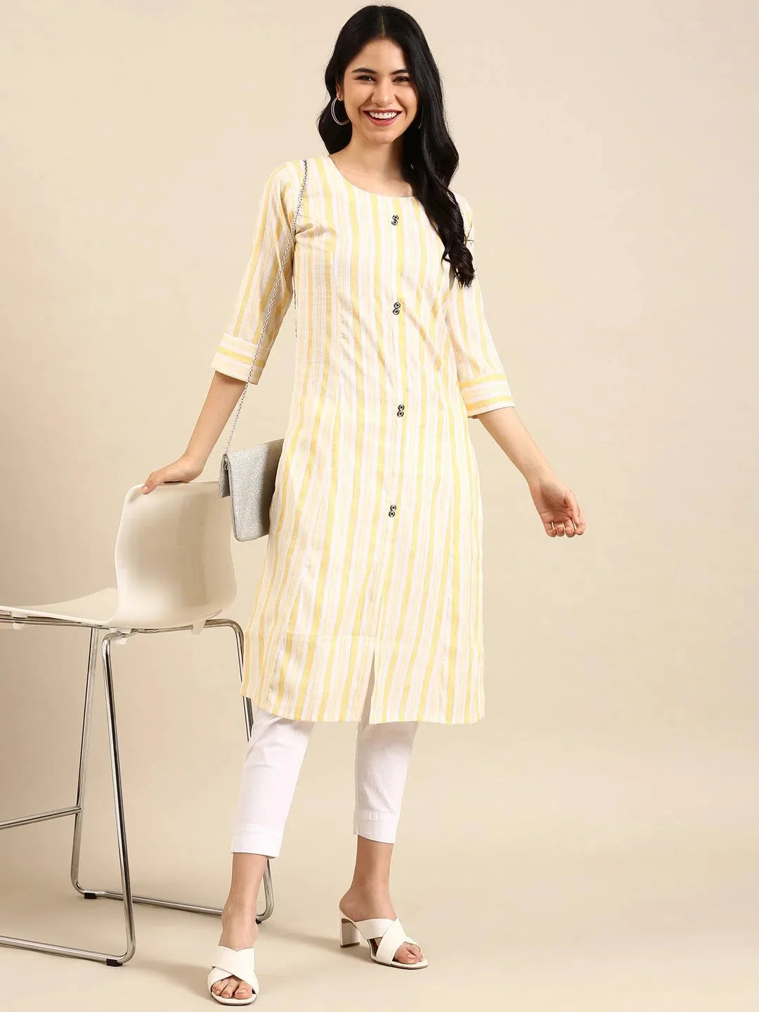 Yellow Striped Cotton Kurta | Women's Casual Indian Kurtis