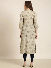 Women Straight Beige Floral Kurta-AT-A1107-K-Beige