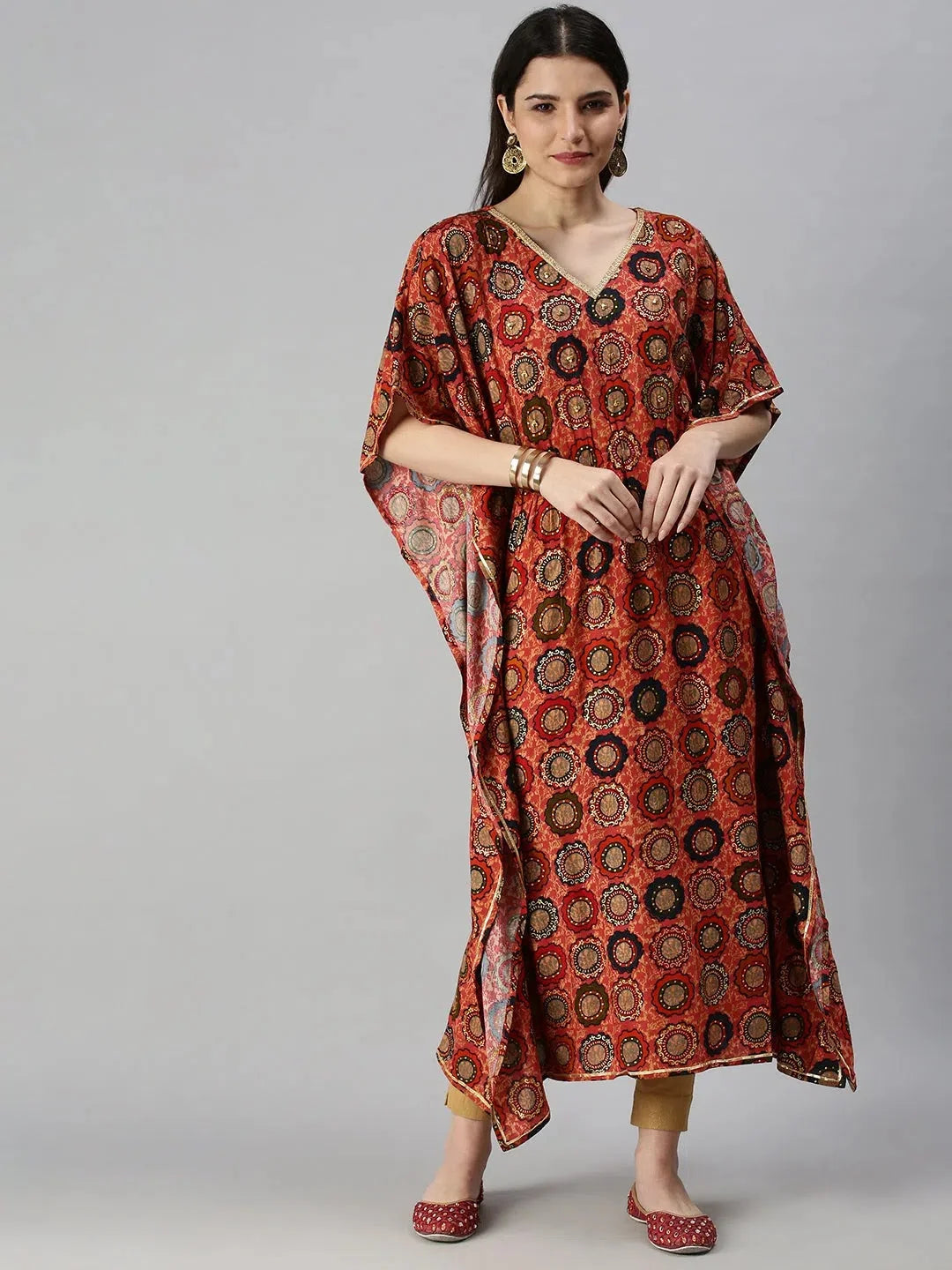 Orange Printed Kaftan Kurta | Women's Cotton Kaftan Dresses