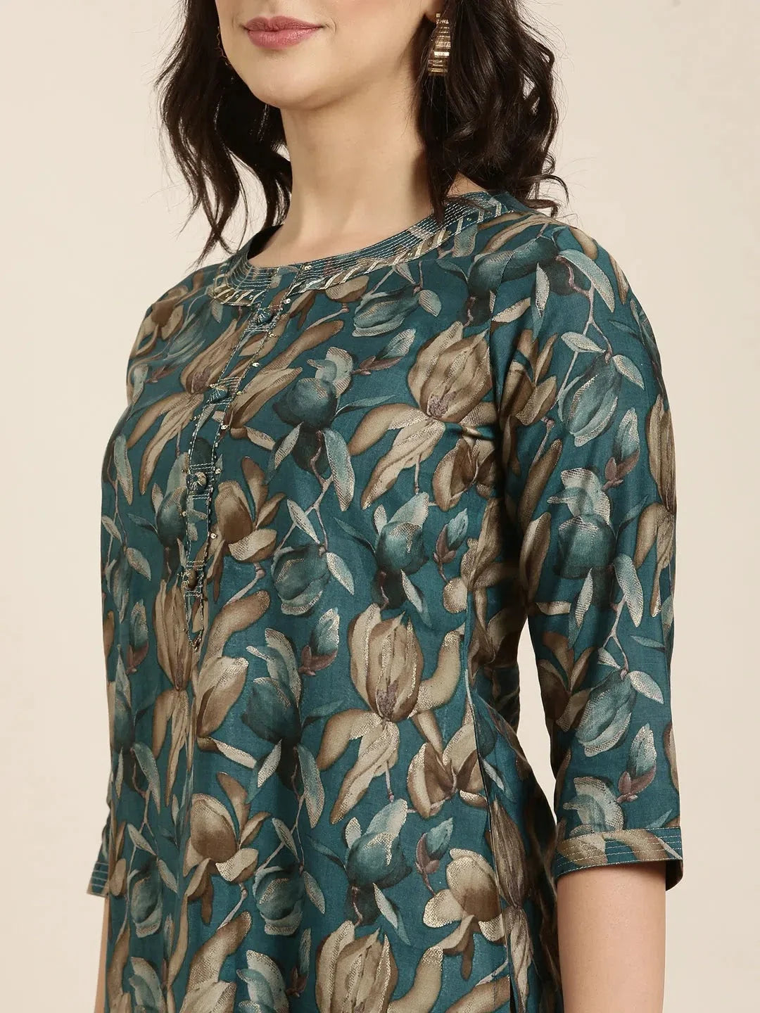 Teal Floral Print Indian Kurta - Women's Cotton Kurta