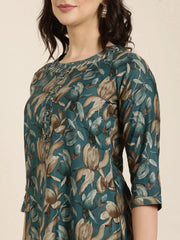 Women Straight Teal Floral Kurta-HO-460-Teal