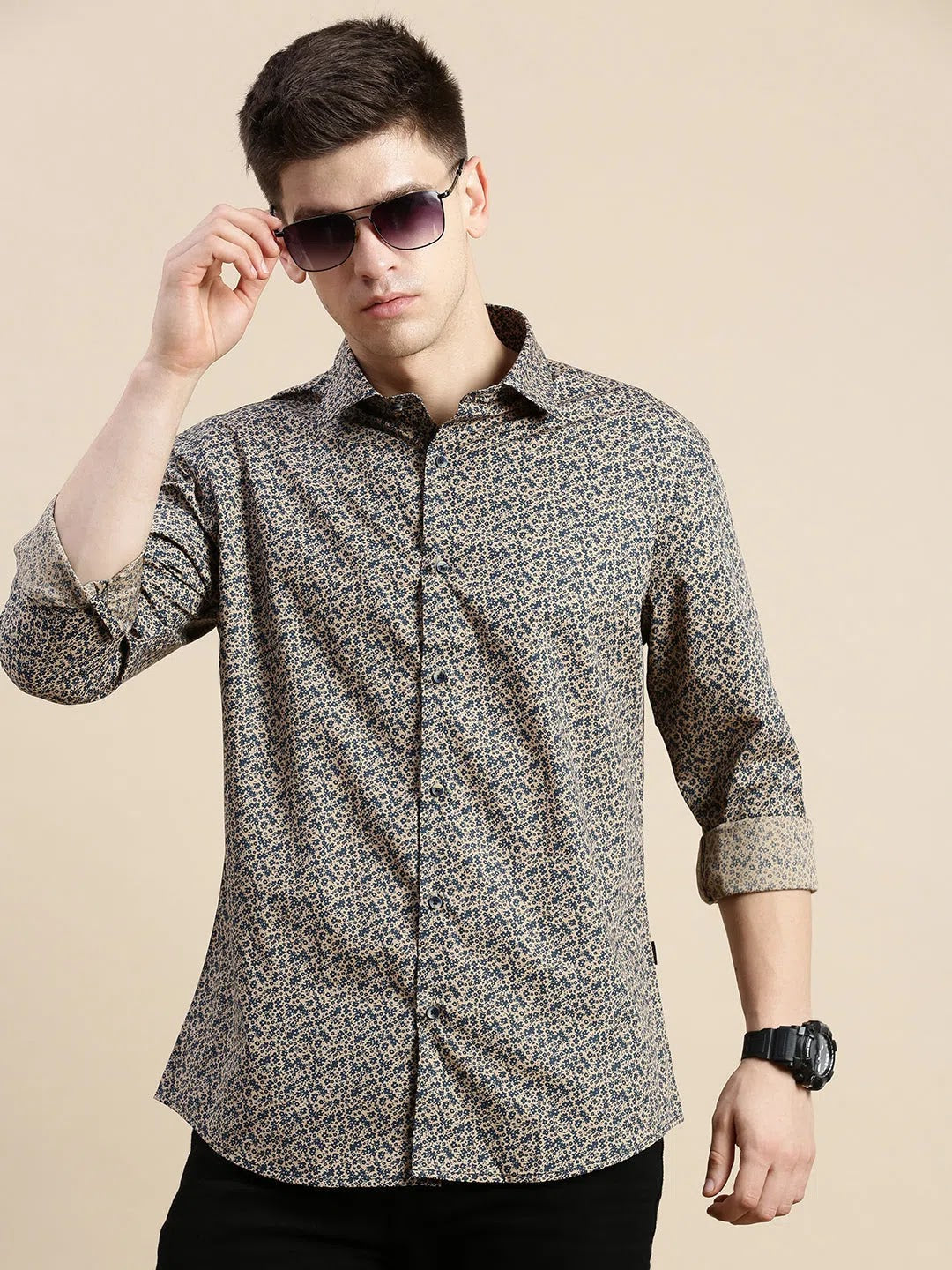 Men Beige Floral Casual Shirt-DAITON-3477-Beige