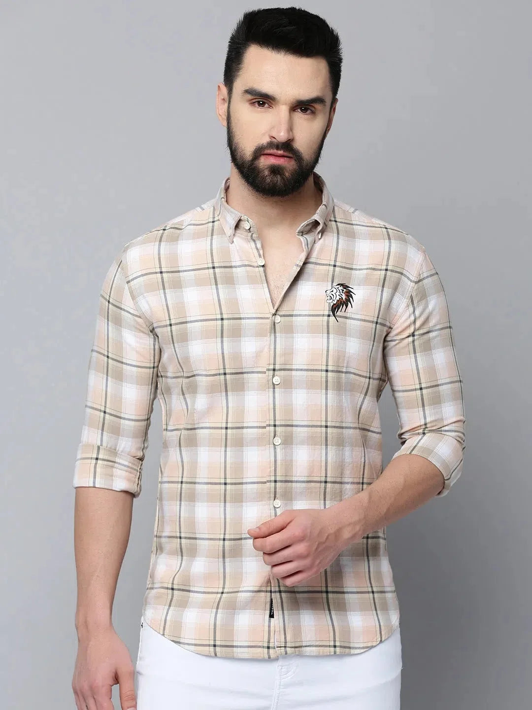 Beige Checked Mens Shirt | Cotton Casual Shirt from DesiQlo