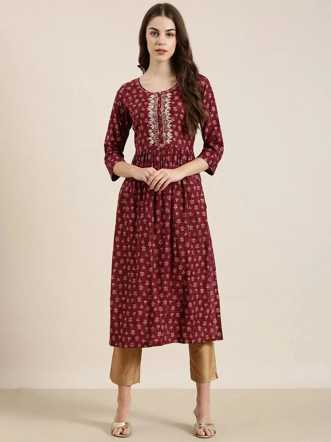 Maroon Floral A-Line Cotton Kurta | Indian Kurtas For Women