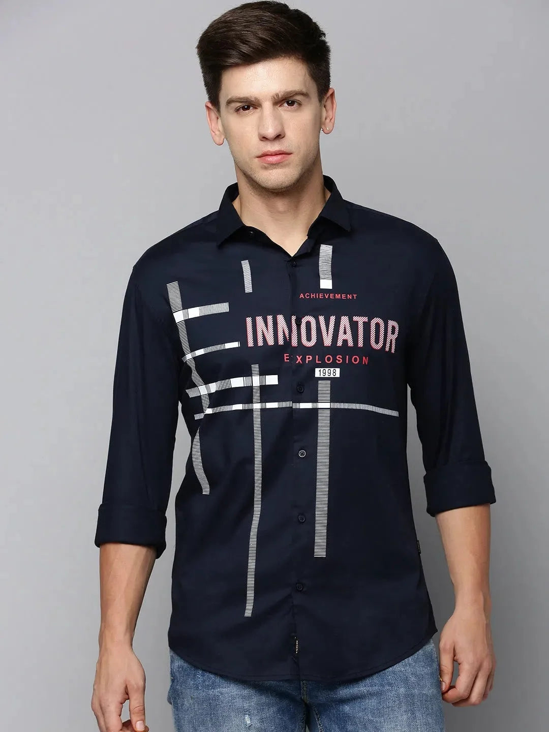 Navy Printed Mens Shirt | Casual Cotton Shirt - DesiQlo