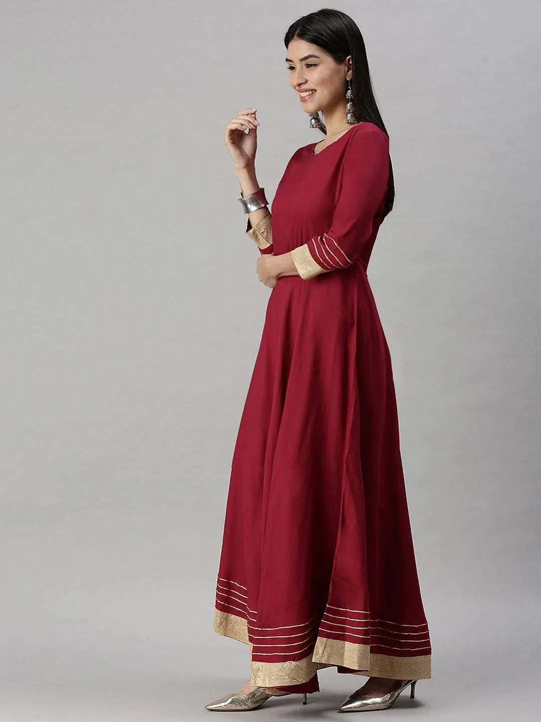 Maroon Solid Cotton Anarkali Kurta for Women | DesiQlo