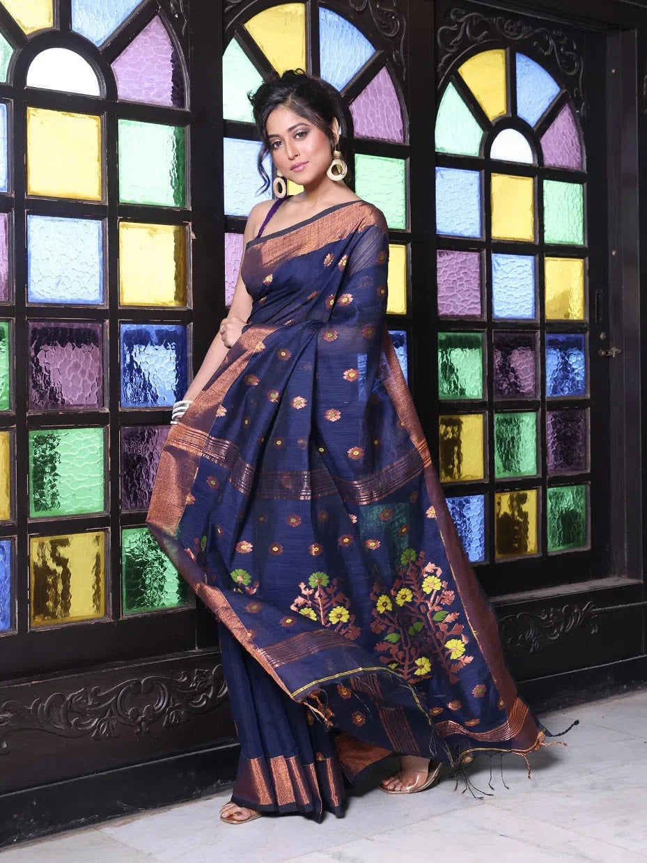 Navy Blue Cotton Saree | Indian Sari with Zari Border