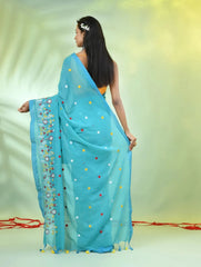 All Over Thread Floral Embroidery Sea Green Cotton Saree-MA62CT33610071