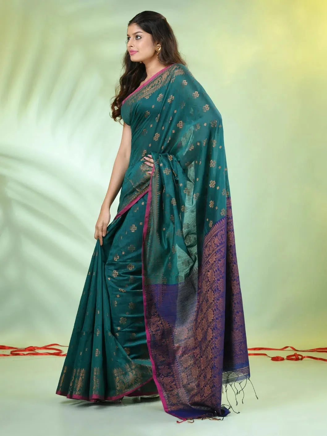 Teal Cotton Saree: Zari Border - Designer Sarees India