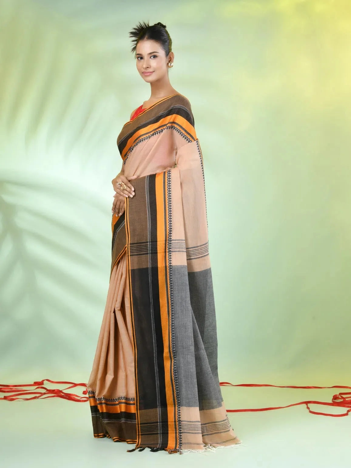Beige Cotton Saree - Indian Sarees with Temple Border