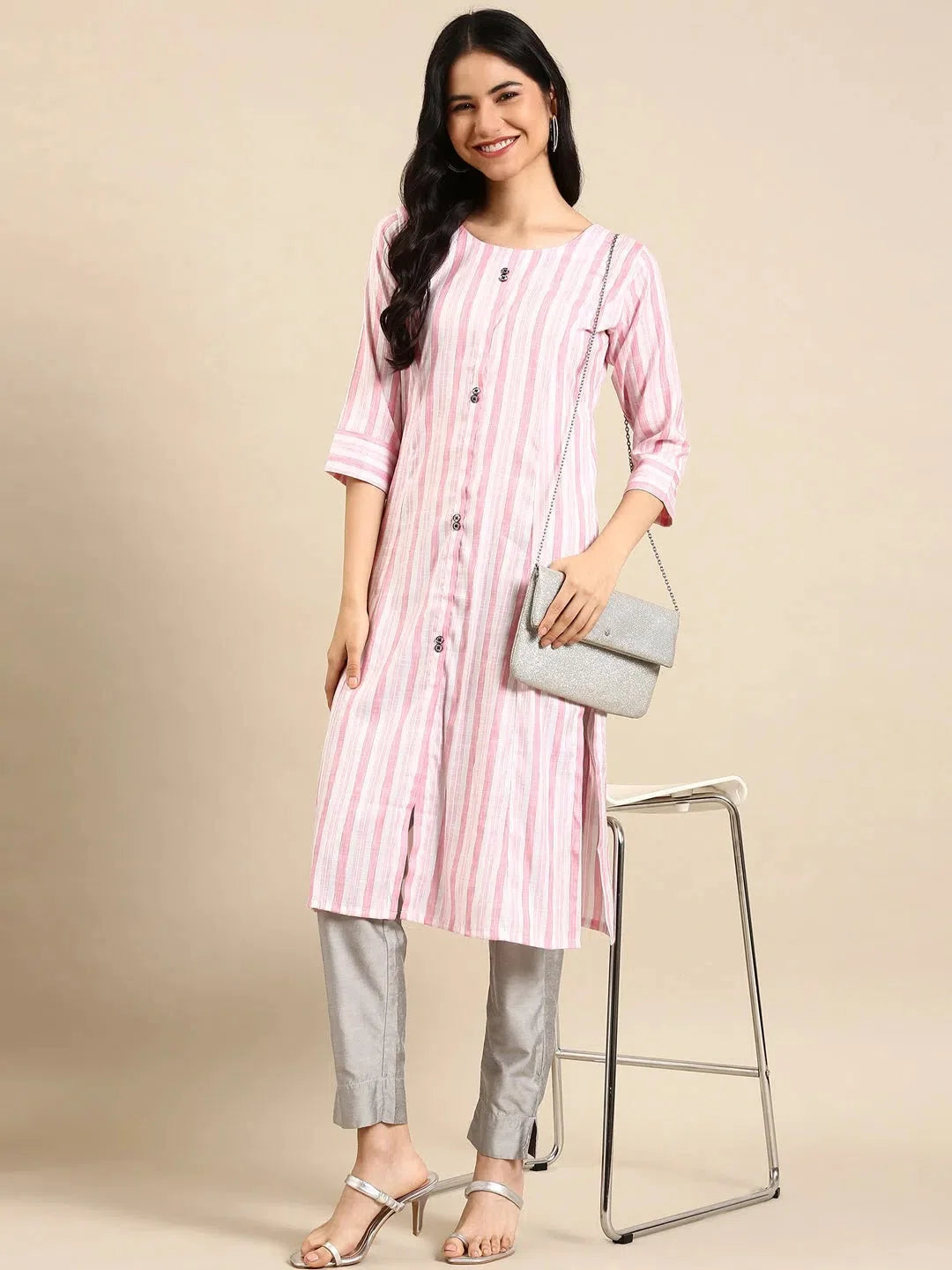 Pink Striped Cotton Kurta - Stylish Indian Kurta for Women