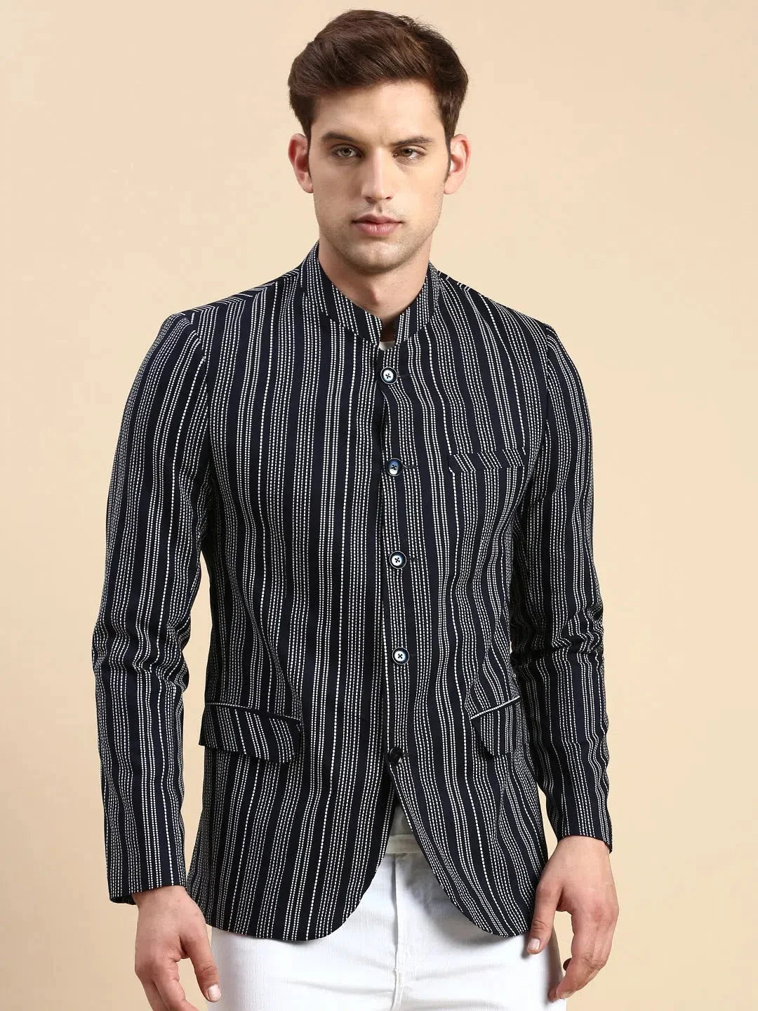 Navy Striped Party Blazer | Men's Ethnic Wear | DesiQlo