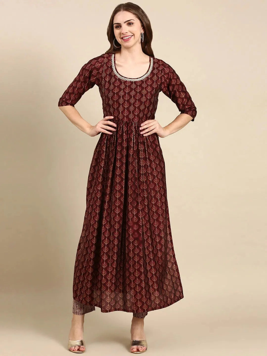 Burgundy Printed Women's Kurta Set | Ethnic Motif Design