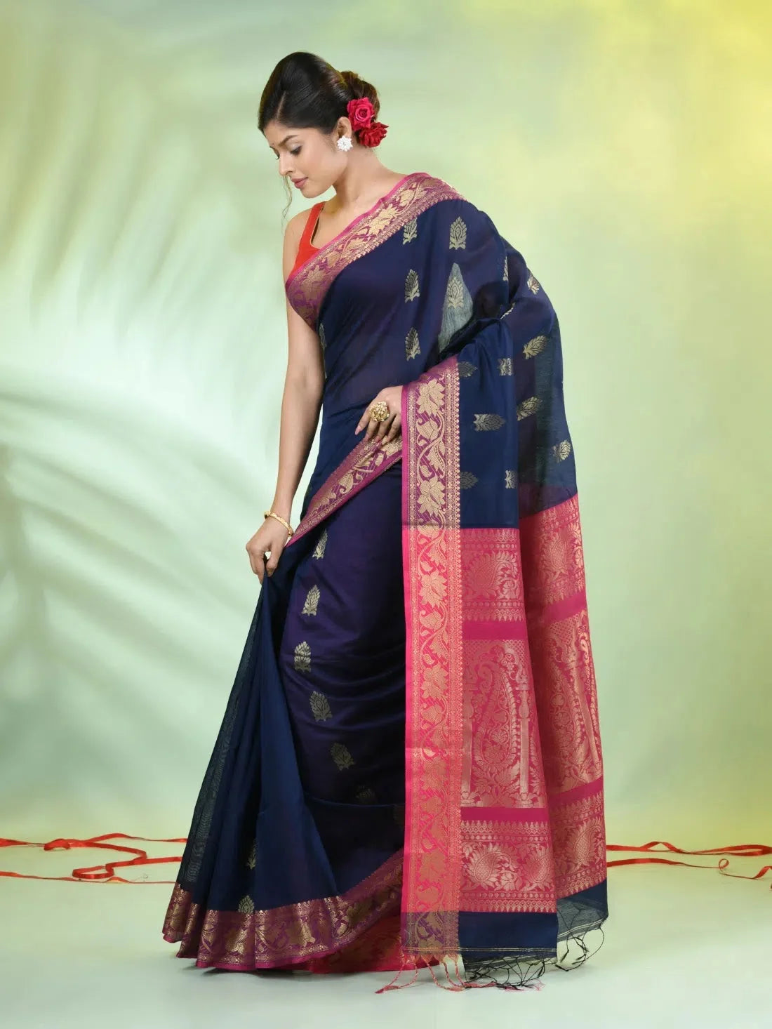 Navy Cotton Saree with Zari - Designer Sarees India